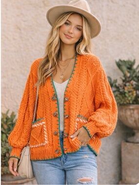 POL 🔥 Whimsical Chunky Knit Cardigan Oversized Boho Statement Sweater S